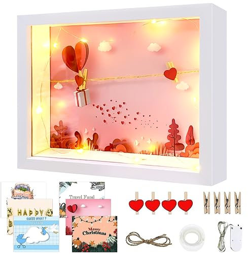 MeYuxg Cornice 3D Cornice Foto - 27 x 22 cm Cornice Profonda con 6 Immagini a Tema, Salvadanaio per Matrimonio con Stringa Luminosa a LED da 1 m, per Fiori Secchi Conchiglie Monete (Bianco)