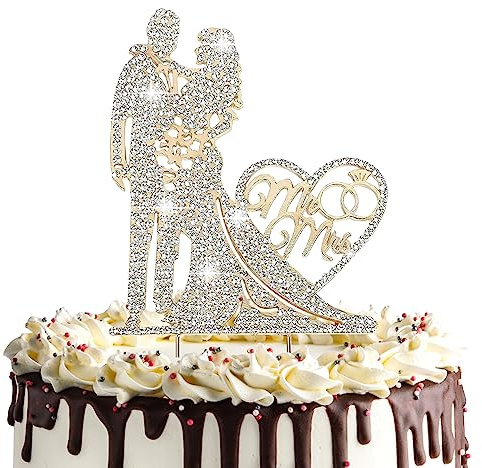 Wedding Cake Topper With Rhinestones - Bride and Groom Decorations for Wedding, Engagement, Anniversary, Valentine's Day (Mr & Mrs)