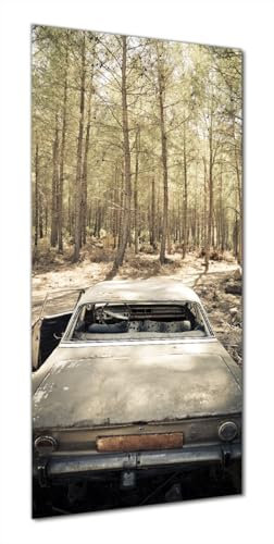 Wallario Selbstklebende Duschrückwand 80 x 190 cm mit Motiv Verrosteter Oldtimer im Wald - Wandverkleidung Fließenersatz mit Hochglanzlaminat in Glasoptik