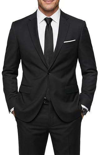MY'S Men's 2 Piece Suit with Tie, One Button Slim Fit Solid Jacket and Pants Set, Suits for Men Party Prom Wedding & Business, Black