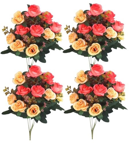 4 mazzi di fiori di cimitero del cimitero di rose finte per tomba, 11,8 '' fiori artificiali per tombe 12 fago fiori di seta fiori commemorativi per tomba decorazione del cimitero di vaso aranci