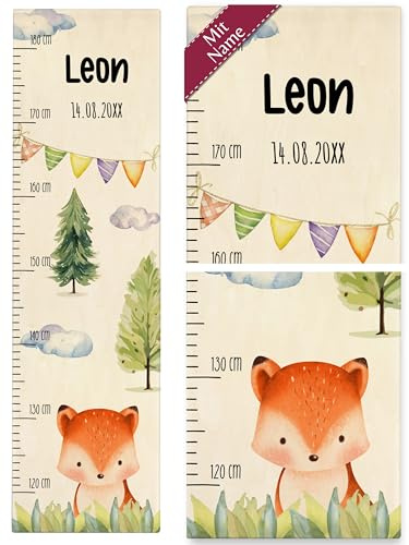 Messlatte Kind Holz - Kindermesslatte niedlicher Fuchs I Füchse Kindermotiv süßes Fuchsmotiv I Fox mit Namen und Datum - 120-180 cm - Holz - geschenke baby motiv kinder junge namensgeschenke