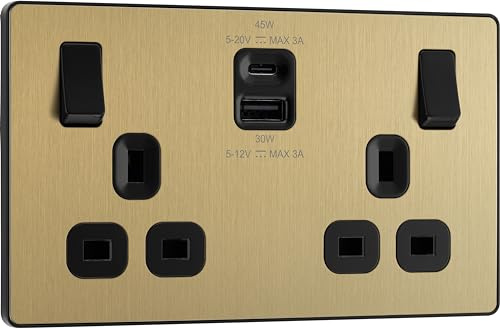 BG Electrical Double Switched Power Wall Plug Socket with Super Fast Charge Type A & Type C USB Charging Ports, Evolve, Satin Brass, 13A, 45W, PCDSB22UAC45B