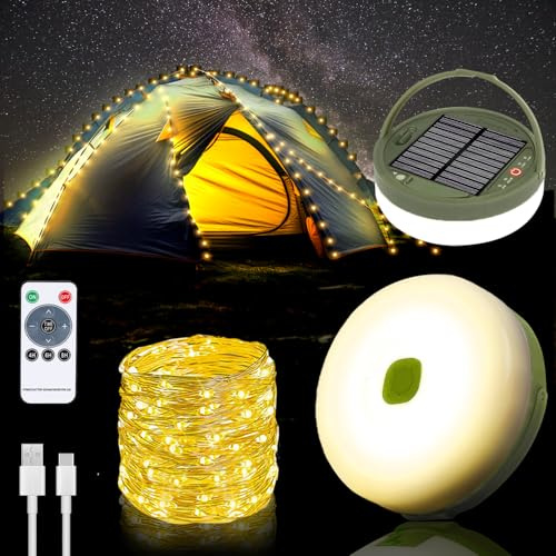 Yizhet Solar Camping String Lights 10M Rollable, 8 Modes, Warm White, Rechargeable USB, IPX4 Waterproof for Home, Garden and Yard