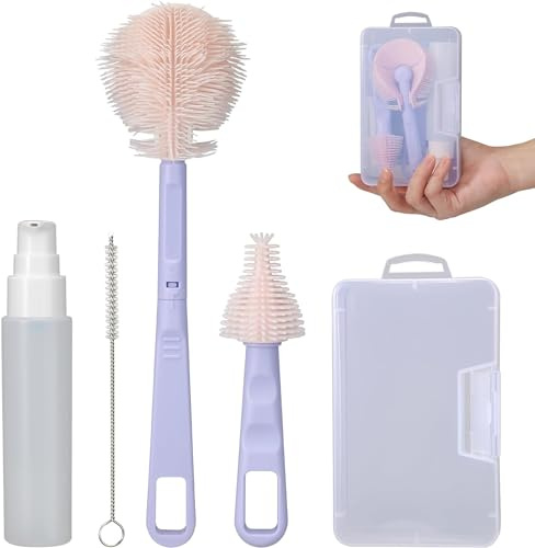 Baby Bottle Brush, Portable Travel Bottle Cleaner Kit, Silicone Baby Bottle Cleaner Brush Set with Baby Bottle Brush for Cleaning, Nipple Brush, Straw Cleaner, Bottle Soap Dispenser (Purple)