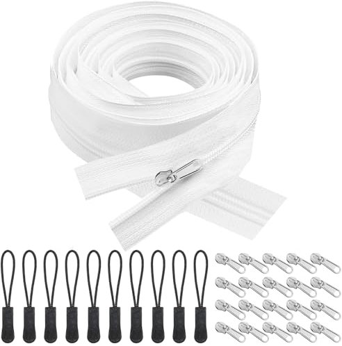 Sinofort Endlosreißverschluss mit Zipper, 20m Endlosreißverschluss, 3 cm breit Endlosreissverschluss für Bettwäsche Kleidung Tasche Meterware, Weiß Nylon Reißverschluss Endlos, 20 Metall Schieber