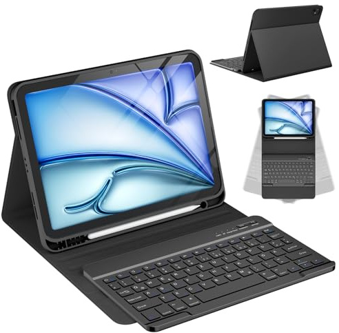 CC Store Hülle mit Tastatur für iPad Air 11 Zoll M3 2025/M2 2024,iPad Air 5/4 10.9 Zoll, ipad Pro 11 4/3/2/1Gen, Magnetisch Abnehmbare Tastatur mit Stifthalter, QWERTZ Layout, Schwarz