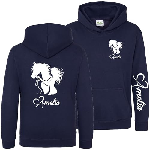 Personalised Equestrian Girls Hoodie Horse Rider Horses Riding Custom Sleeve Back Print Kids Hooded Top, 7-8 Years, Navy