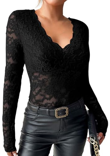 T-Shirt Transparent en Dentelle à Manches Longues pour Femme Haut Femme Chic et Elegant en Florale Transparente Chemise Sexy
