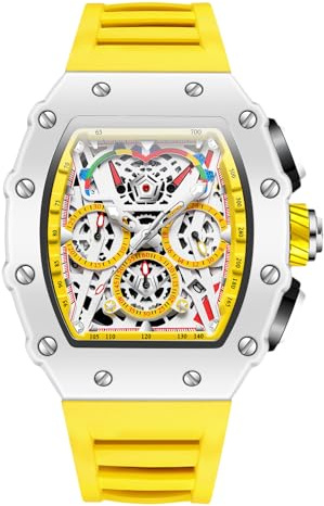 RORIOS Montres Bracelet Tonneau pour Homme Montre de Poignet Mode Analogique Quartz Montre Silicone Sport Montres Lumineuse Calendrier Jaune