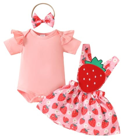 LUVCES Neugeborenes Baby Mädchen Röcke Sets Kurzarm Rüschen Top + Bedrucktes Overalls Hosenträger Kleid + Stirnband Sommer Kleidung Outfits Set Rosa Erdbeere 12-18 Monate