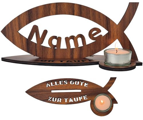 Waluna® Fisch Alles Gute zur Taufe Kerzenhalter Fische aus Holz in 12 Farben- Tisch Dekoration für Kommunion Konfirmation Taufdeko - personalisiert mit Name Tischdeko für Mädchen & Jungen