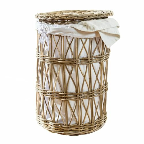 Loberon Wäschekorb Allegretta, Luftige Flechtoptik, mit Herausnehmbaren Baumwoll-Bezug, Natürlicher Charme, Aufbewahrung, Ordnungshelfer, Rattan, braun/Creme