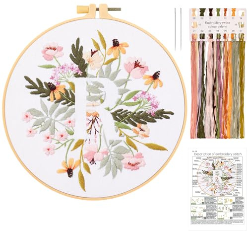 JSRQT Stickerei Starter Set Buchstabe L, Blumen Stickset Anfänger für Erwachsene, Handgefertigtes Kreuzstich Stickset mit Stickwerkzeug, einschließlich Stickrahmen Nadel und Fäden, für Heimdekoration