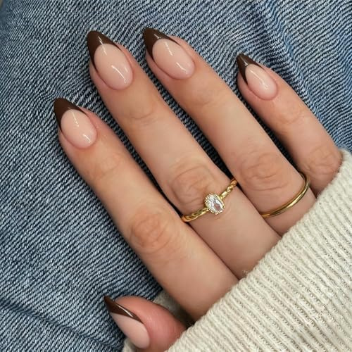 KQueenest Soft Gel Press On Nails French Tip - 30 Stück Braun Nägel zum Aufkleben Kurz Mandel, Natürlich Fake Nails Künstliche Fingernägel zum aufkleben, Acryl Full Cover French Nägel für Frauen