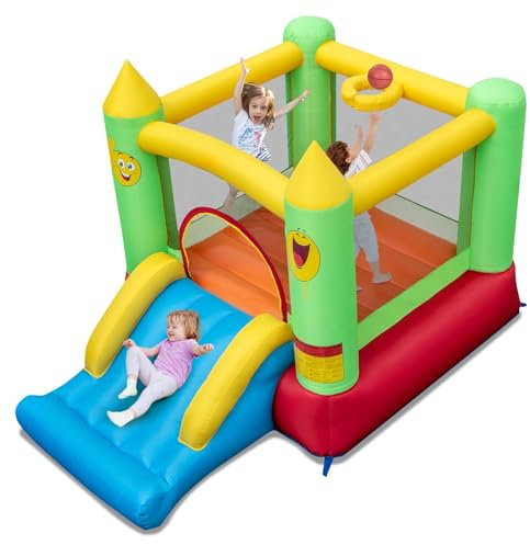 COSTWAY Kids Bouncy Castle, Inflatable Bounce House with Slide, Basketball Hoop, Carrying Bag and Repair Kit, Children Blow Up Jumper for Indoor Outdoor (Smiling Face without Blower)
