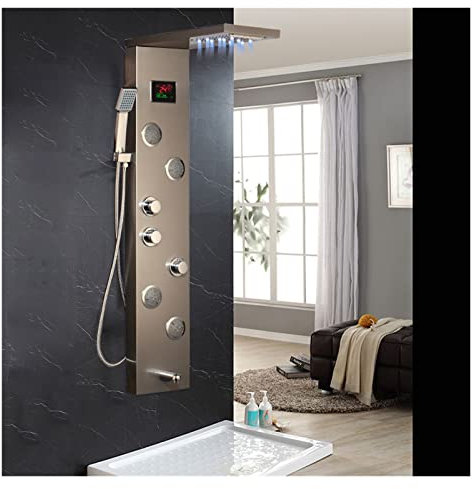 Panneau de douche, LED Salle De Bains Robinet De Douche Température Affichage Numérique Panneau De Douche Système De Massage Du Corps Jets Serviette Colonne De Douche Robinet(Dark Grey Shower A)