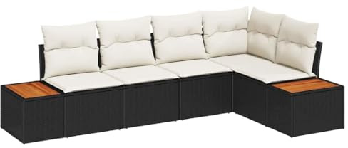 vidaXL 5-delat trädgårdsoff set med kuddar - Stilren svart Poly Rattan modulär design för patio - Får plats med 6 personer - Bekvämt utomhusloungemöblemang