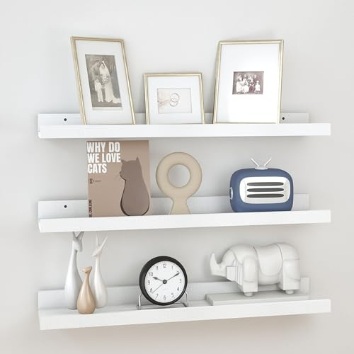 RICHER HOUSE Wandregal Weiß, 60 x 13 cm, Schweberegal aus MDF Holz, 3er Set | Bilderleiste, Wandboard, Regal Wand für Fotorahmen und Dekos, Wohnzimmer, Kinderzimmer, Schlafzimmer, Küche, Badezimmerwand