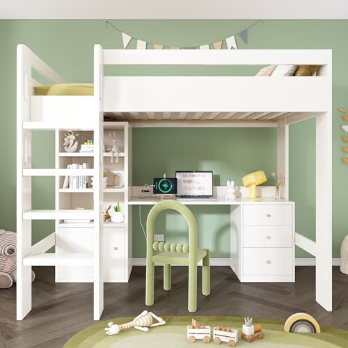 EINHOM Kinderbett 90×200 cm, Hochbett mit USB-C-Schreibtisch, Etagenbett mit Kleiderschrank und Aktenschrank, Jugendbett Einzelbett mit Treppe und Lattenrost, Ohne Matratze