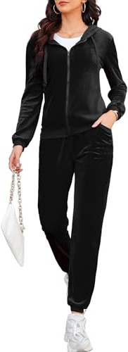 Aottori Tuta Donna da Ginnastica in Velluto Tute Sportiva Casual Pigiami Set 2 Pezzi Felpa con Cappuccio e Pantaloni Jogging Invernale Sportwear Comoda Nero XL