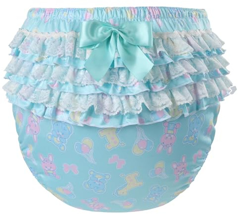 LittleForBig Seidenartiger Waschbarer Wiederverwendbarer Wasserdichter Rüschenspitze mit Satinband Baby Parade Muster Rüschen Erwachsene Windel Abdeckung Grün XL