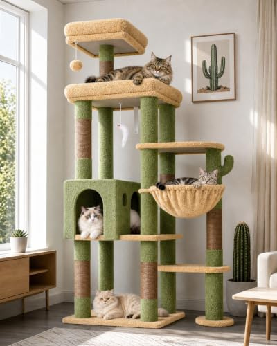 Globlazer Árbol Rascador Verde para Gatos Grandes 167 cm con Grandi Plataformas Acolchada Percha Nidos Peluche Cesta, Estable Cactus Árbol Rascador para Gatos Adulto Interior (F65B, Verde)