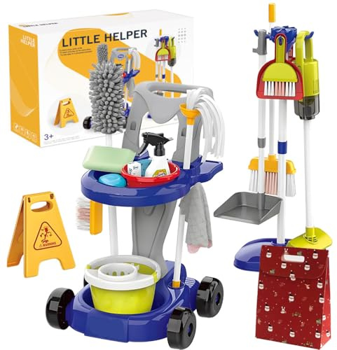 22 Pièces Aspirateur Enfant Fonctionnel,Chariot De Menage Enfant avec Balai, SerpillièRe Et Accessoires,Aspirateur Jouet Enfants pour Filles Et GarçOns De 3 à 6 Ans (Bleu)