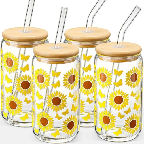 MHDCLY Glass Cups with Lids and Straws with Design Sunflower 4 pcs,Clear Glass Cups 16 oz-Drinking Glasses Set,Glass Tumbler,Cute Design Glass Iced Coffee Cups with Lids and Straws