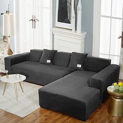 Generisch Samt Sofa Bezug u Form Groß Stretch 1 2 3-Sitzer Sofa überzug L Form Groß Weicher Chaiselongue-Überzug Möbelschutz für Wohnzimmer Schwarz L-Form: 4-Sitzer + 3-Sitzer