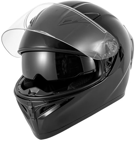 SPARK Adult Full Face Motorcycle Helmet DOT Approved, Lightweight Ventilated Dual Visor for Men Women Moto ATV UTV Snowmobile ADV Four Wheeler Street Bike (Bright Black, Medium)