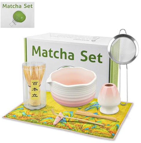 OdiuK Matcha Set, 8-teilig mit Matcha Schale und Bambusbesen | Komplettes Matcha Set mit Schale, Bambusbesen, Sieb und Zubehör für die traditionelle Matcha-Zubereitung