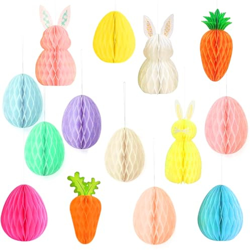 GoldRock 14 Stk Ostergirlande Osterdeko zum Aufhängen, Ostereier Osterhasen Hängende Deko Ostern Girlande,Papier Wabenbälle Eier Hasen Oster Deko,Bunt Ostergirlanden,Frühling Easter Hängend Decoration