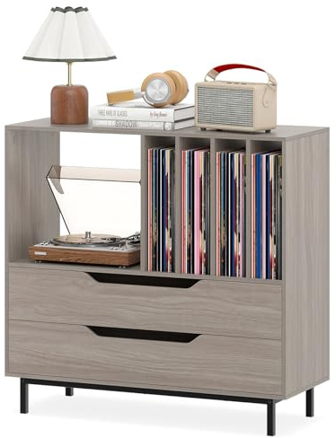 COSTWAY Record Player Stand, Wooden Turntable Stand End Sofa Side Table with 5 Open Display Shelves and 2 Drawers, Metal Legs Vinyl Record Storage Cabinet Holder for Living Room Bedroom (Grey)