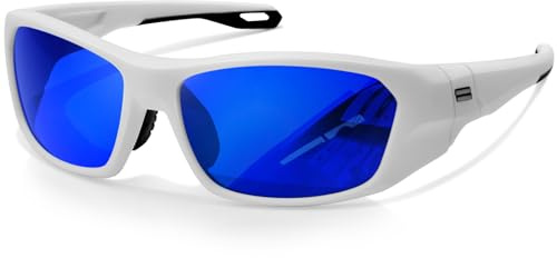 KANASTAL Gafas de Sol Polarizadas Azules Espejo Hombre Mujer Deportivas Curvas Retro Deporte Ciclismo Running Blue Sunglasses Protección UV400 - Montura Blanco Lentes Azul