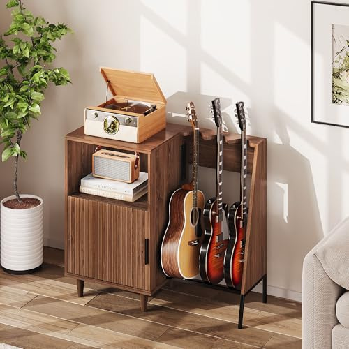 Mueble para Tocadiscos y Vinilos de Madera - Armario para Tocadiscos y Vinilos, Mueble Hi-Fi Vintage Mid-Century con Soporte para 3 Guitarras, Estantería Guarda Discos para Salón y Dormitorio