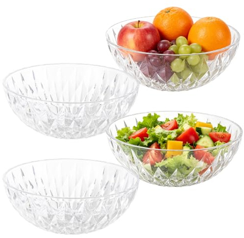 4 Pack Clear Diamond Salad Bowls 22.5cm Plastic Serving Bowls