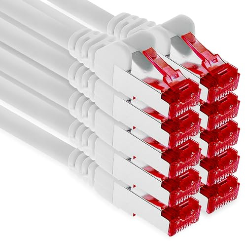 1aTTack.de - 10x 10m CAT6 Patchkabel S/FTP PIMF Schirmung CAT.6 RJ45 Netzwerkkabel Ethernetkabel DSL LAN Router Switch Modem Patchfeld - weiß - 10 Stück