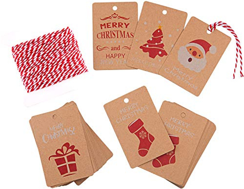 FEPITO 50PcsTags Kraftpapier Geschenkkarten mit hängendem Seil zum Einwickeln von Etiketten, 5 Design