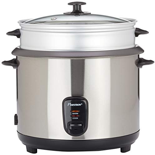 Bestron Grand cuiseur à riz avec panier vapeur et fonction maintien au chaud, 2,8 L, 1000 W, Acier inoxydable, Argent