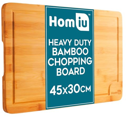 Homiu Premium Wooden Chopping Boards - Organic Large 45 x 30 x 2cm - Bamboo Cutting Board for Carving Meats Cheese Vegetables - Chopping Boards for Kitchens - Wooden Worktop Protector