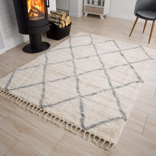 TAPISO Versay Teppich Shaggy Creme Grau Fransen Modern Design Geometrisch Rautenmuster Hochflor Langflor Wohnzimmer Schlafzimmer ÖKOTEX 160 x 220 cm