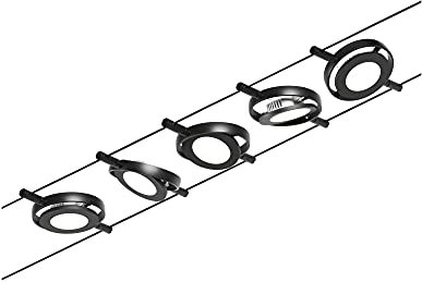 Paulmann CorDuo 94418 - Set di cavi LED RoundMac DC con 5 x 4,5 Watt, espandibile, nero opaco, fune metallica cromata 3000 K