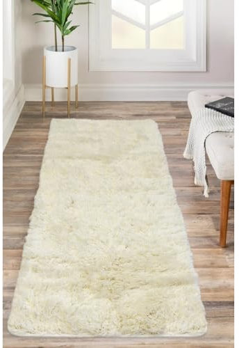 Modern Style Lush Ultra Soft Machine Washable White Shaggy Sustainable Area Runner Rug for Living Room, Bedroom, Hallway, Kitchen, Living Space - 67x180 cm