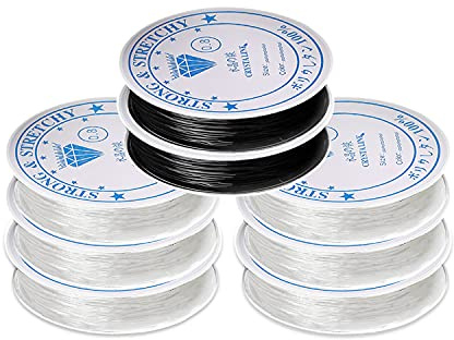 8 Stück x 8 Meter 0,8 mm, dehnbare Faser-Schmuckperlen, Schmuckdraht für Armbänder und Handwerk, transparent, 6 Stück, schwarz, 2 Stück.
