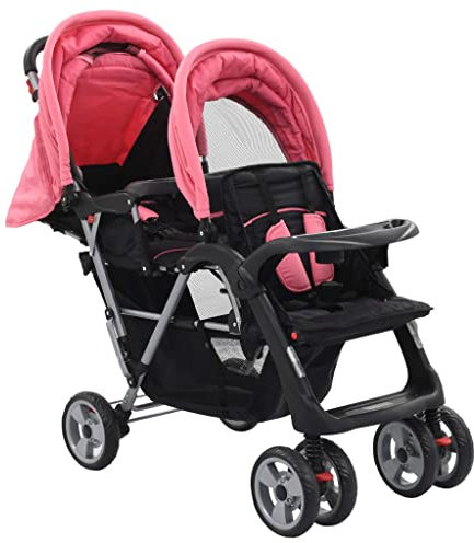 Susany Geschwisterwagen mit 2 klappbare Verdecke Kinderwagen Babywagen Buggy Zwillingswagen Zwillingsbuggy Kleinkinder-Wagen Rosa und Schwarz Stahl