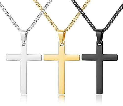 YADOCA 3 Collier Croix en Aacier Inoxydable pour Femme Homme Pendentif Classique Chaîne Réglable Bijoux Cadeau Religieux Argent Or Noir