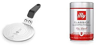 Bialetti DCDESIGN08 Piattello Induzione Per Moka Induction Plate, Suitable for Coffee Makers up to 6 Cups and Small pots, 25.5 x 13 x 5.5 cm, Steel, 6 Pints, Silver & illy Coffee, 250g