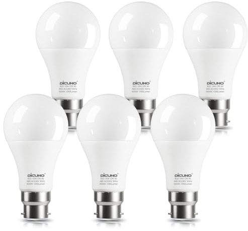 DiCUNO Bombilla LED B22 15W, equivalente halógeno de 100W, Blanco frío 5000K, 1350lm, Bayoneta LED A60 en forma de bombilla para lámpara colgante, lámpara de pie, No regulable, 6 Piezas
