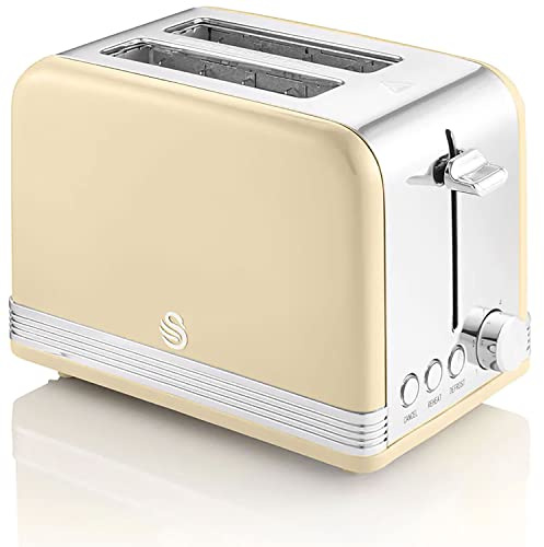 Swan Retro ST19010CNEU Grille-pain Large Fente 2 Tranches, Design Vintage, 3 Fonctions : Dégivrage, Réchauffement, Annulation, Régulateur 6 Niveaux de Torréfaction, Acier Inox, Crème, 815W